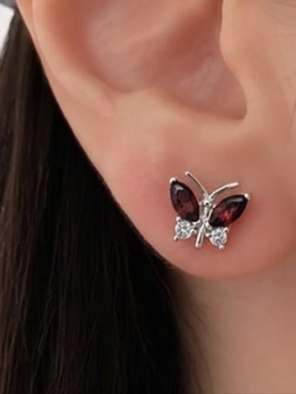 Garnet And CZ Butterfly Earrings Post Back  Set In 925 Sterling Silver